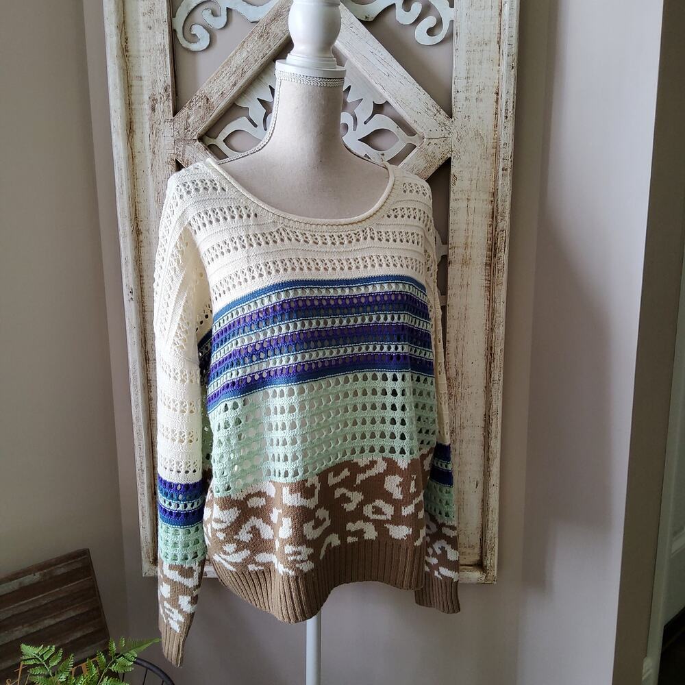 Ces Femme Women's Boho Open Knit Sweater Animal Print Stripes Mint Green Blue S